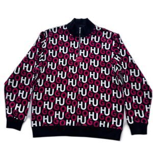 Hugo Boss 1/4 Zip Sweatshirt Mens L Black Red White All-Over HUGO Print NWOT